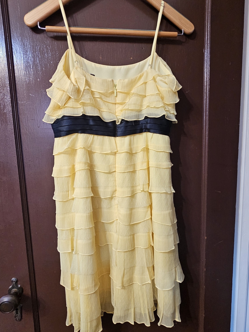 BCBGMaxAzria Yellow Tiered Ruffle Dress with Black Waistband Size 6